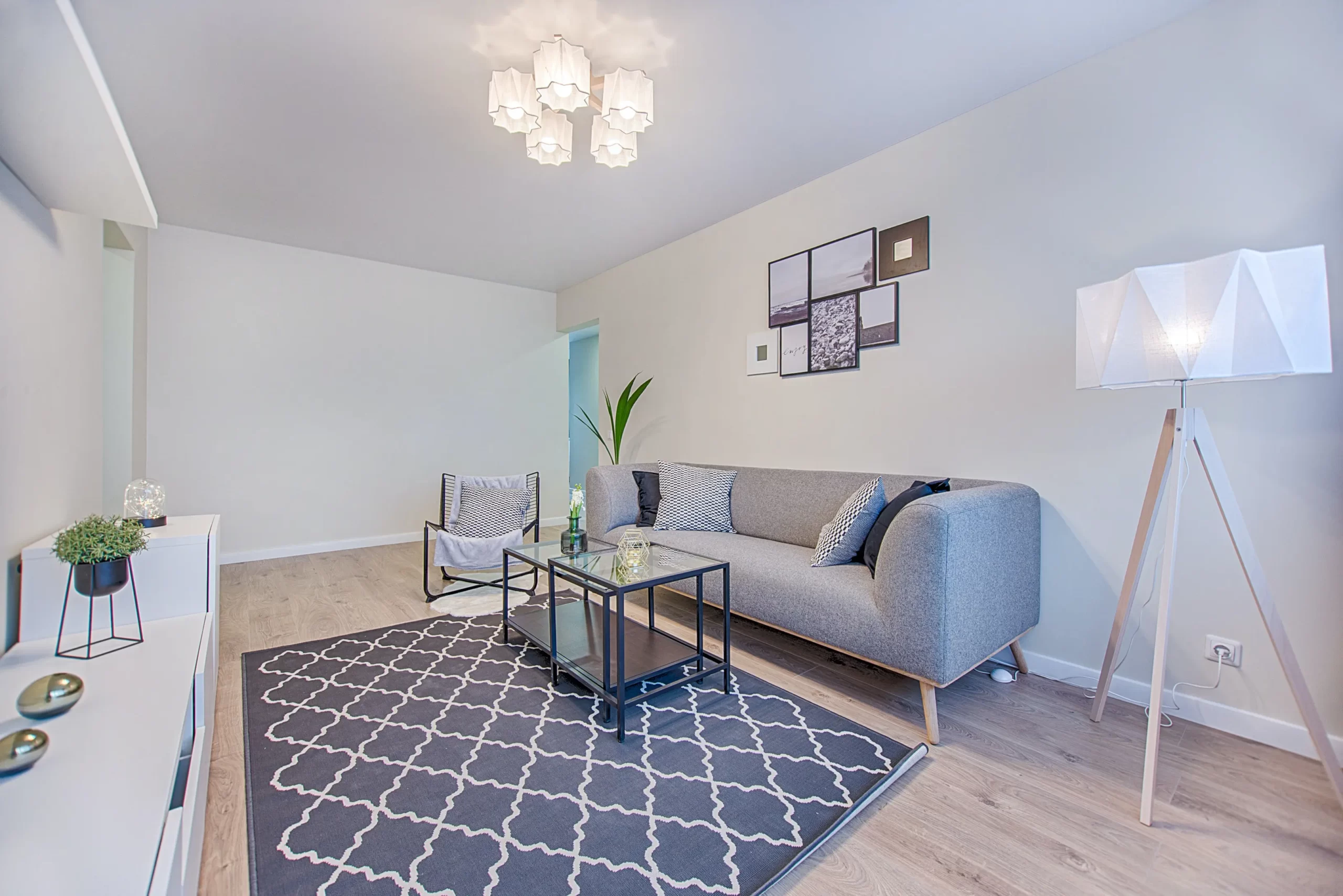 grey livingroom and glass tables
